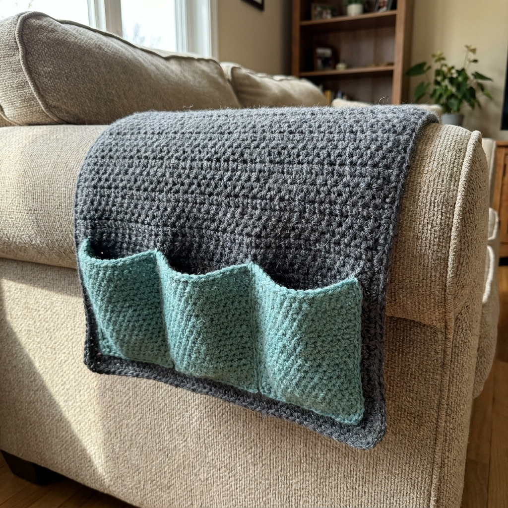Free Crochet Couch Arm Remote Caddy Pattern With Three Pockets
