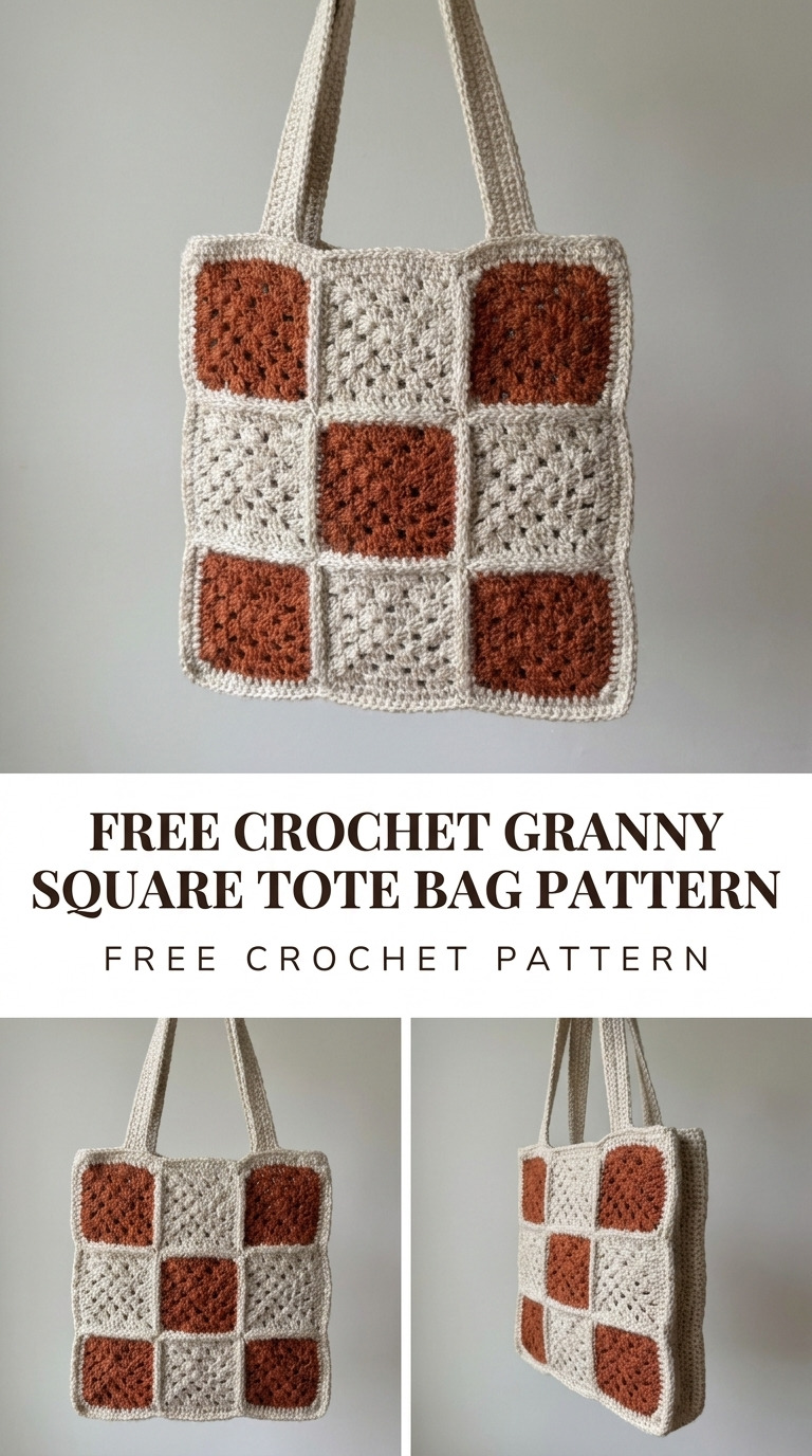Free Crochet Granny Square Tote Bag Pattern in Oatmeal and Rust