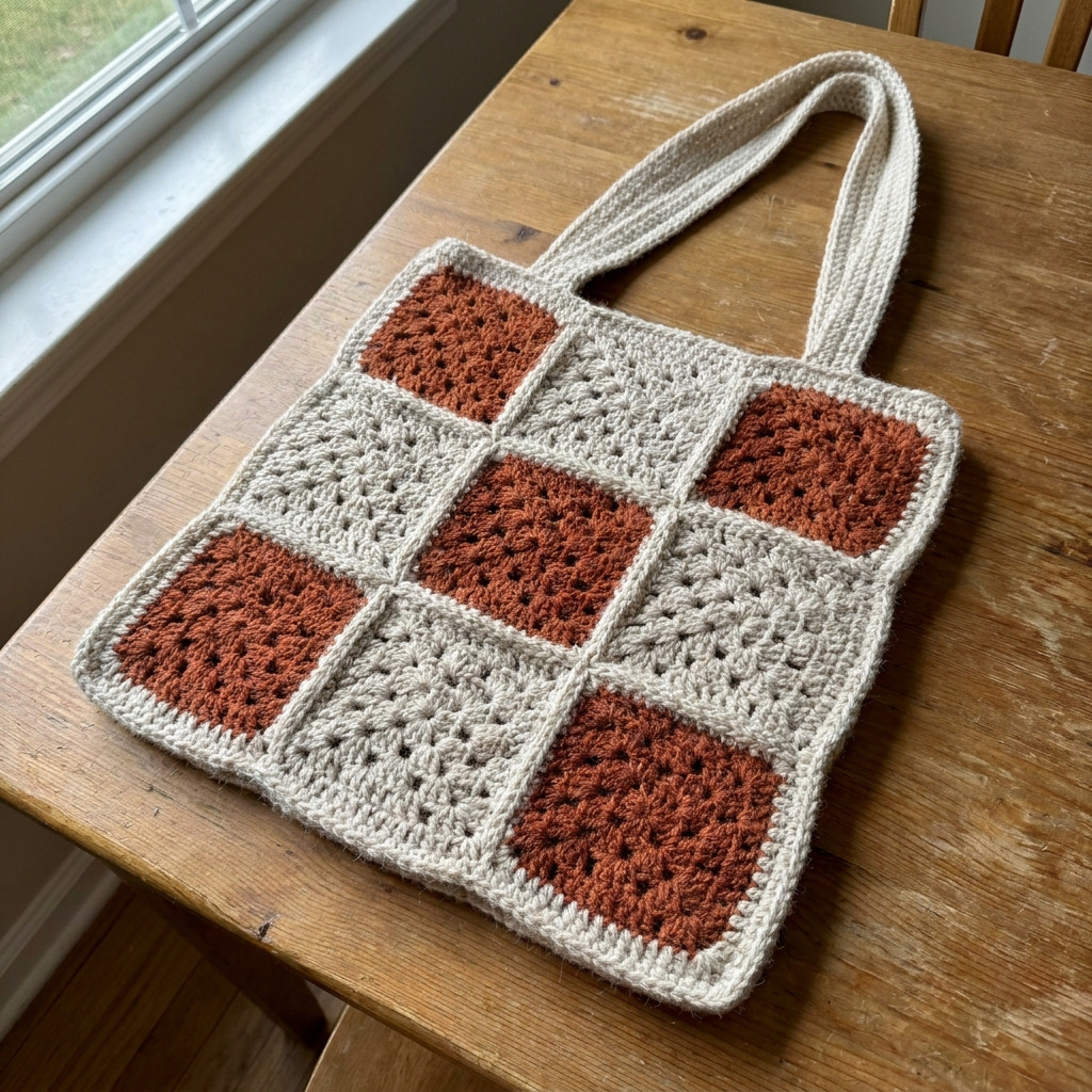 Free Crochet Granny Square Tote Bag Pattern in Oatmeal and Rust