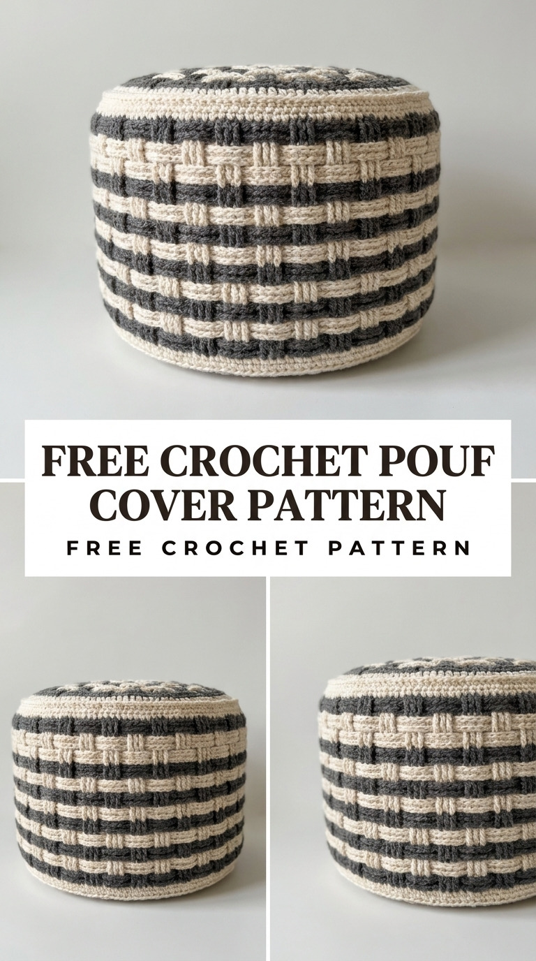 Free Crochet Pouf Cover Pattern in Chunky Basket Weave Stitch