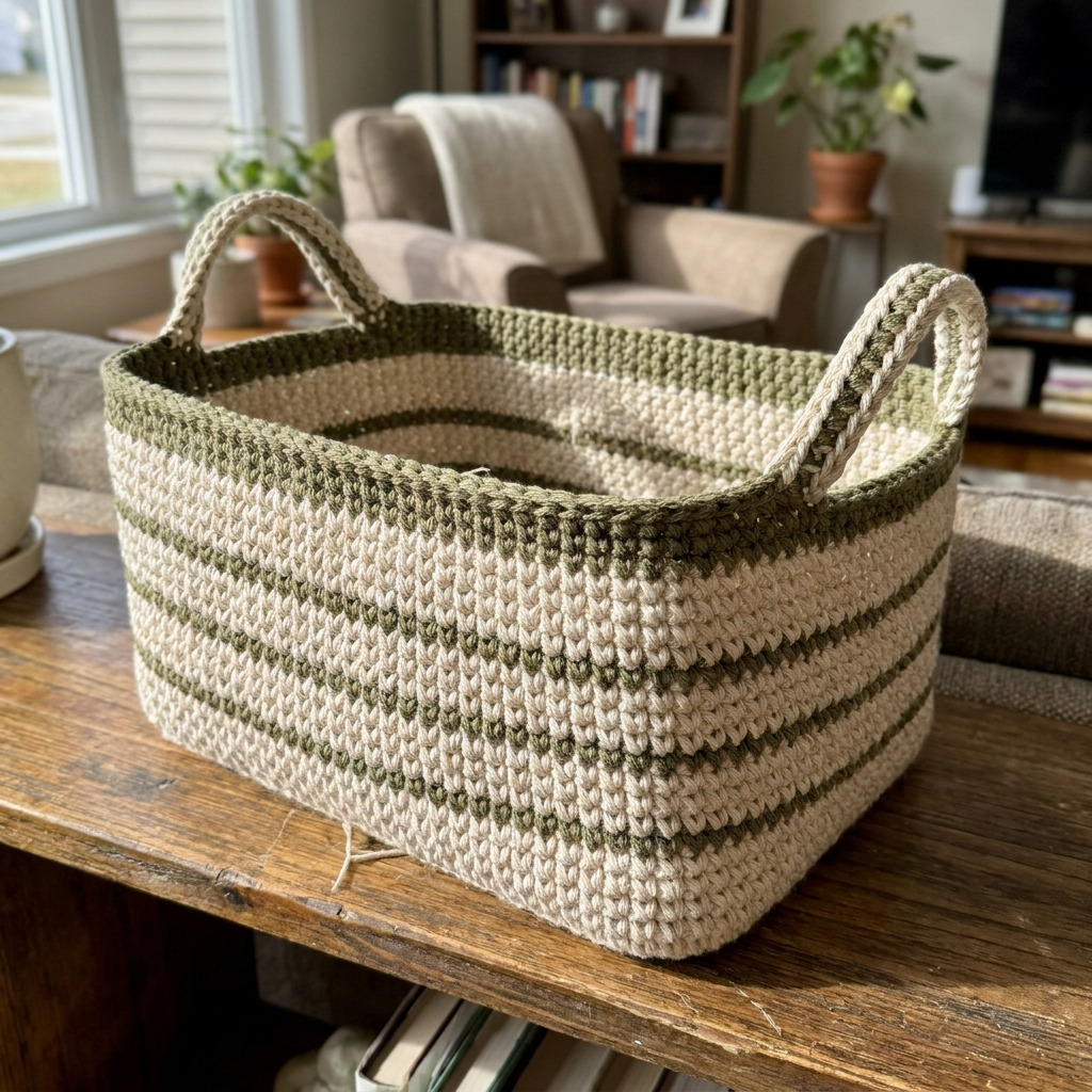 Free Crochet Rectangular Shelf Basket Pattern With Handles